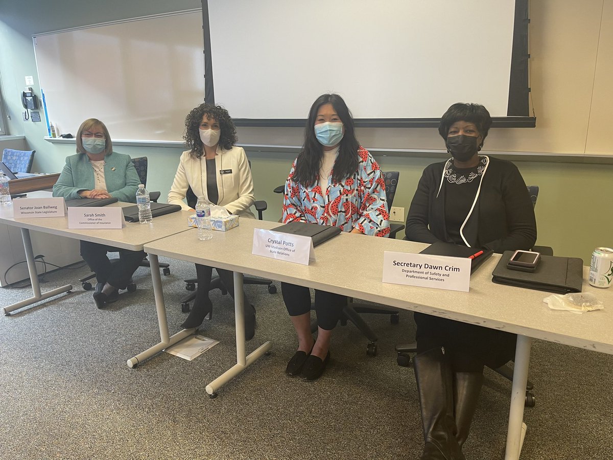 StateRelations's tweet photo. Thanks to Wisconsin Women in Government for hosting their seminar last week in partnership with @UWLaFollette. The panel featured @WI_DSPS Secretary Dawn Crim, @SenBallweg, Dane Co Board Member @sarahfromwisco, and our own State Relations director @crystalleepotts! #WWIG https://t.co/1B9HfP8EqW