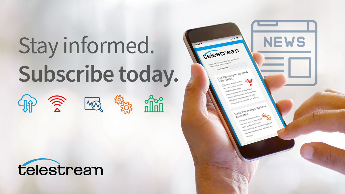 Telestream's tweet image. Subscribe today and receive Telestream product, event, and solution news on content management, transcoding, media workflows, file-based QC, captioning, live events, and video hosting. bit.ly/3hEOfNH
#media #contentmanagement #filebasedQC #live #events #video #captioning
