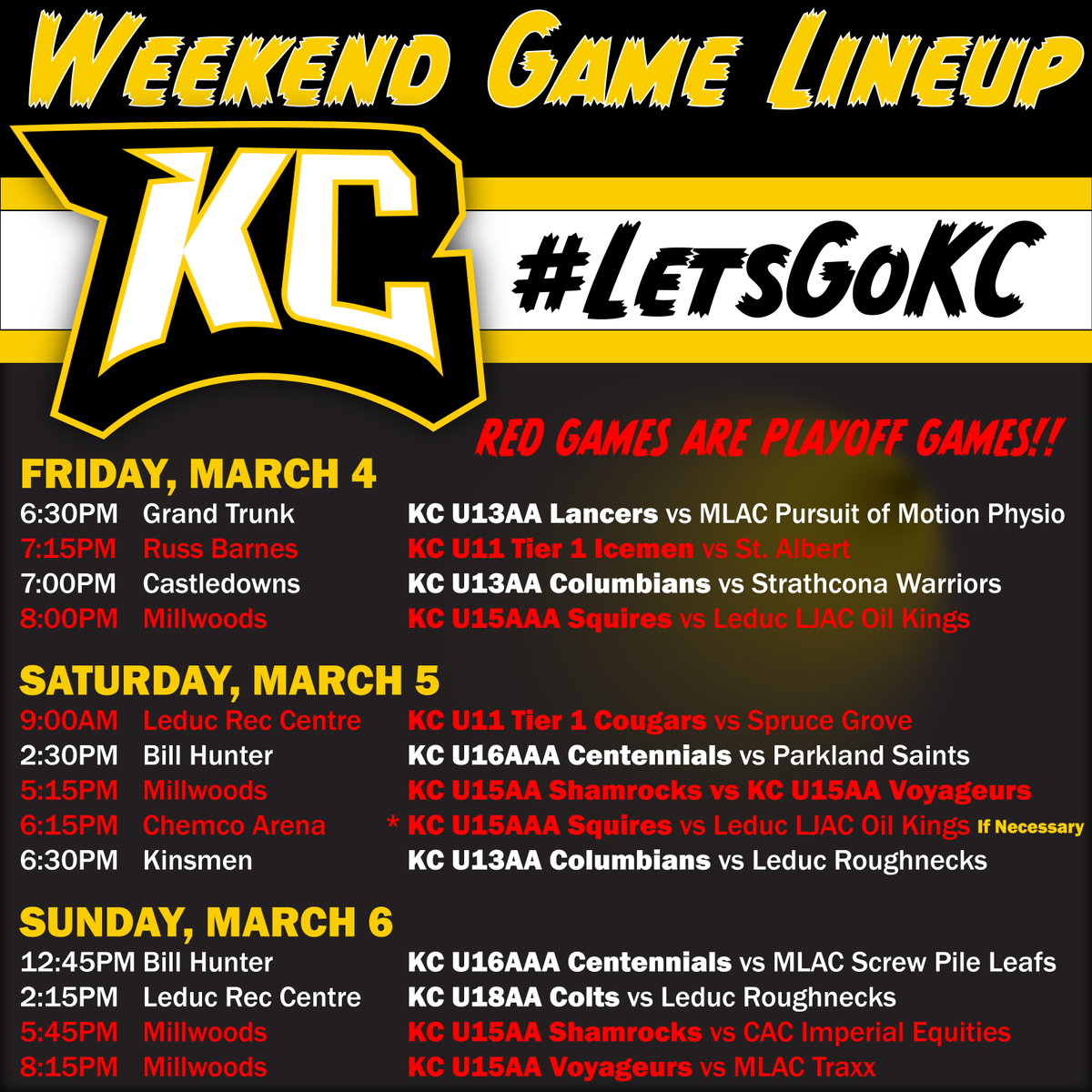 KofCHockey's tweet photo. IT'S PLAYOFF TIME!!! We've got a bunch of KC games on tap this weekend, including playoff games for the U11 Tier 1 Icemen &amp; Cougars, U15AA Shamrocks &amp; Voyageurs, U15AAA Squires. Make sure you head out and cheer them on!!! #LetsGoKC #clubhockey #KCForever https://t.co/YujOoB3x6I