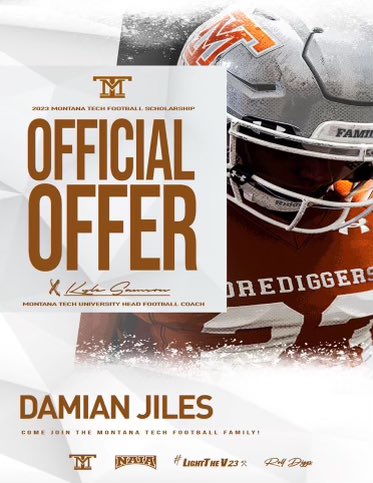 Damian Jiles (@jilesdamian) on Twitter photo Blessed to receive an offer from <a href="/MonTechFootball/">Montana Tech Football</a> <a href="/CoachKyleSamson/">Kyle Samson</a> <a href="/CoachTravisDean/">Travis Dean</a> <a href="/BrianBelles3/">Brian Belles</a> <a href="/CrosslandMason9/">Mason Crossland</a> <a href="/CHSCobraFB/">Cactus Football</a> <a href="/HansLaughner/">Coach Laughner</a> <a href="/deeezz57/">Deezz57</a> <a href="/CHSEWrightDBs/">Coach_E_Wright</a> <a href="/SweetFeetElite/">SweetFeet Elite</a> #CountOnMe #LightTheV23 Blessed to receive an offer from <a href="/MonTechFootball/">Montana Tech Football</a> <a href="/CoachKyleSamson/">Kyle Samson</a> <a href="/CoachTravisDean/">Travis Dean</a> <a href="/BrianBelles3/">Brian Belles</a> <a href="/CrosslandMason9/">Mason Crossland</a> <a href="/CHSCobraFB/">Cactus Football</a> <a href="/HansLaughner/">Coach Laughner</a> <a href="/deeezz57/">Deezz57</a> <a href="/CHSEWrightDBs/">Coach_E_Wright</a> <a href="/SweetFeetElite/">SweetFeet Elite</a> #CountOnMe #LightTheV23
