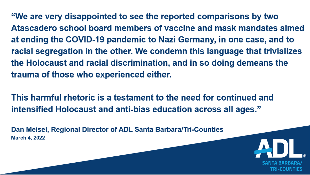 ADLCalifornia's tweet image. A statement from Regional Director of ADL Santa Barbara/Tri-Counties @DanAMeisel condemning vaccine mandates and Holocaust comparisons: