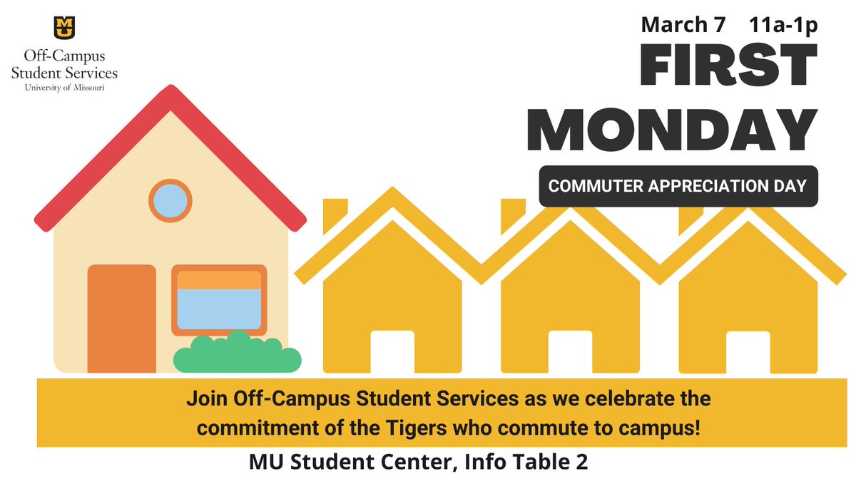 MizzouOffCampus's tweet photo. Hi, Tigers! Are you thinking about moving off campus? Or currently living off campus? Mizzou's Office of Off-Campus Student Services (OCSS) is the the hub of information for all MIZZOU off-campus students. We are located in the CSI! Stop by our info table March 7 to learn more! https://t.co/Ak7ZMIYcyK