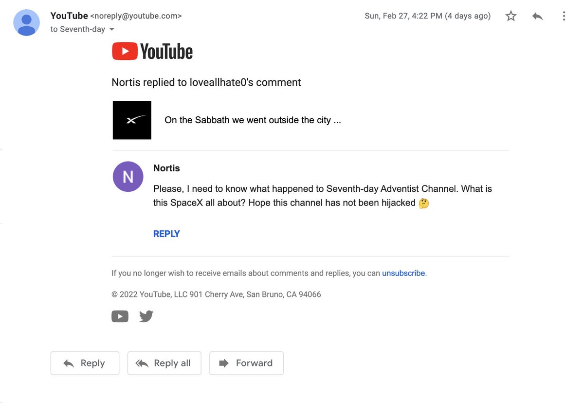adventistchurch's tweet photo. 3/ Sun Feb 27, 4:22pm
One of our followers replied to a comment with concerns that our channel had been hijacked. It had. https://t.co/kCQUvucFDQ