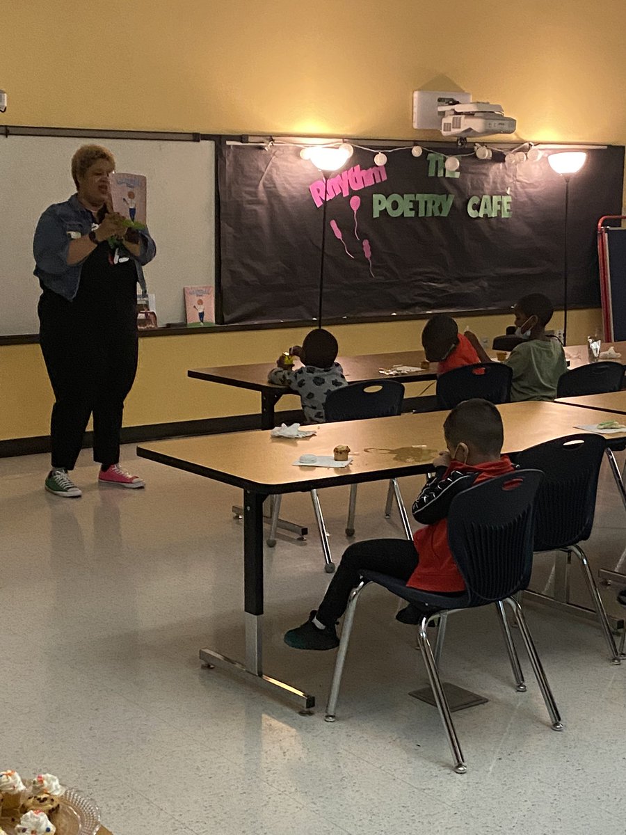 3rdgradeM's tweet photo. @GullattES1 K-2 students enjoyed The Rhythm Poetry Cafe today! Not only did we dance and sing… but author Dr. Cecille Bolton was a guest and shared her book titled Georgia Blue with our students. What a way to end RAA week! @flattimo @quinsine @ShawannaBArnold @TishaBentley https://t.co/joSGXAwi4s