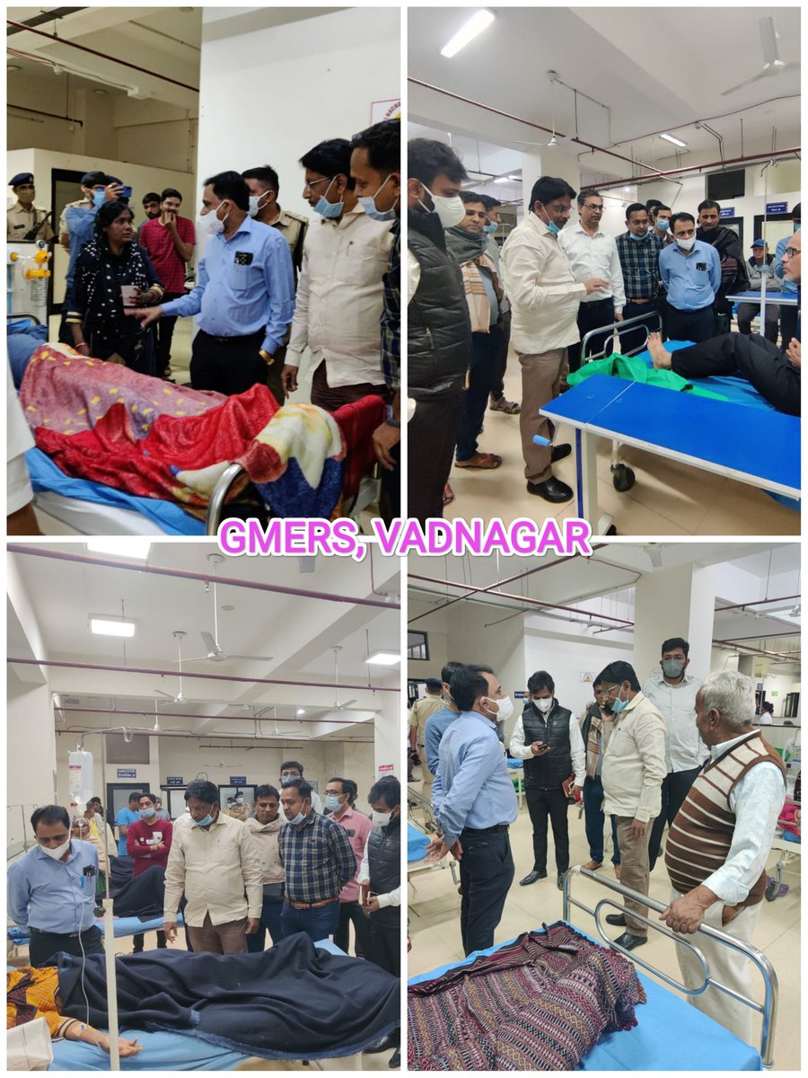 CollectorMeh's tweet photo. માન. આરોગ્યમંત્રી શ્રી @Rushikeshmla તેમજ કલેક્ટરશ્રી અને પોલીસ અધિક્ષકશ્રી ���્વારા GMERS, Vadnagar ખાતે સારવાર અર્થે ખસેડવામાં આવેલ ફૂડ પોઈંઝનીંગના દર્દીઓની તાત્કાલિક મુલાકાત કરવામાં આવી. હાલ દર્દીઓની તબિયત સુધારા પર છે.  @pkumarias @CMOGuj https://t.co/JlnmYtNo4M