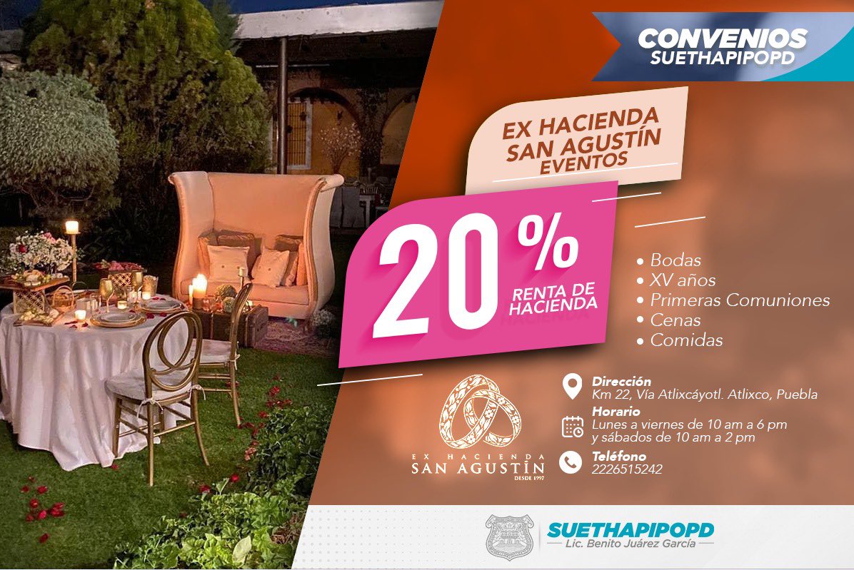 SUETHAPIPOPDOFL's tweet photo. #Convenios | Compañero, aprovecha los beneficios que tenemos al formar parte del #SUETHAPIPOPD, te invitamos a visitar y disfrutar de lo que la Ex Hacienda San Agustín, ofrece para ti. https://t.co/ePDf11QnT6