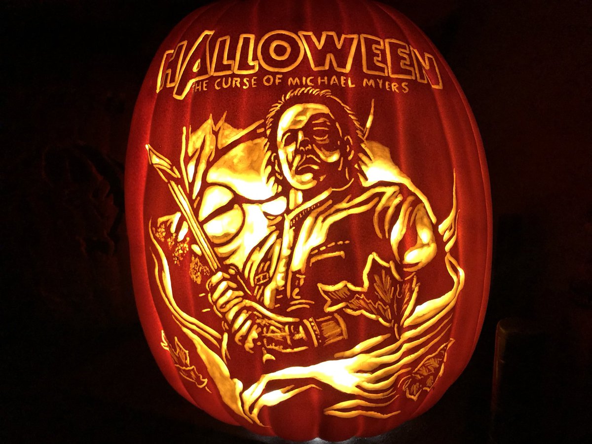 IanFetterman's tweet photo. I thought Michael was a monster, but you... curse is ready for @monstermaniacon next weekend. Original artwork by Justin Osbourn. #curseofmichaelmyers #michaelmyers #drloomis #donaldpleasence #slasherdesign #justinosbourn #frightrags #pumpkin #foampumpkin #ianspumpkincarvings https://t.co/q5ZljABkyW