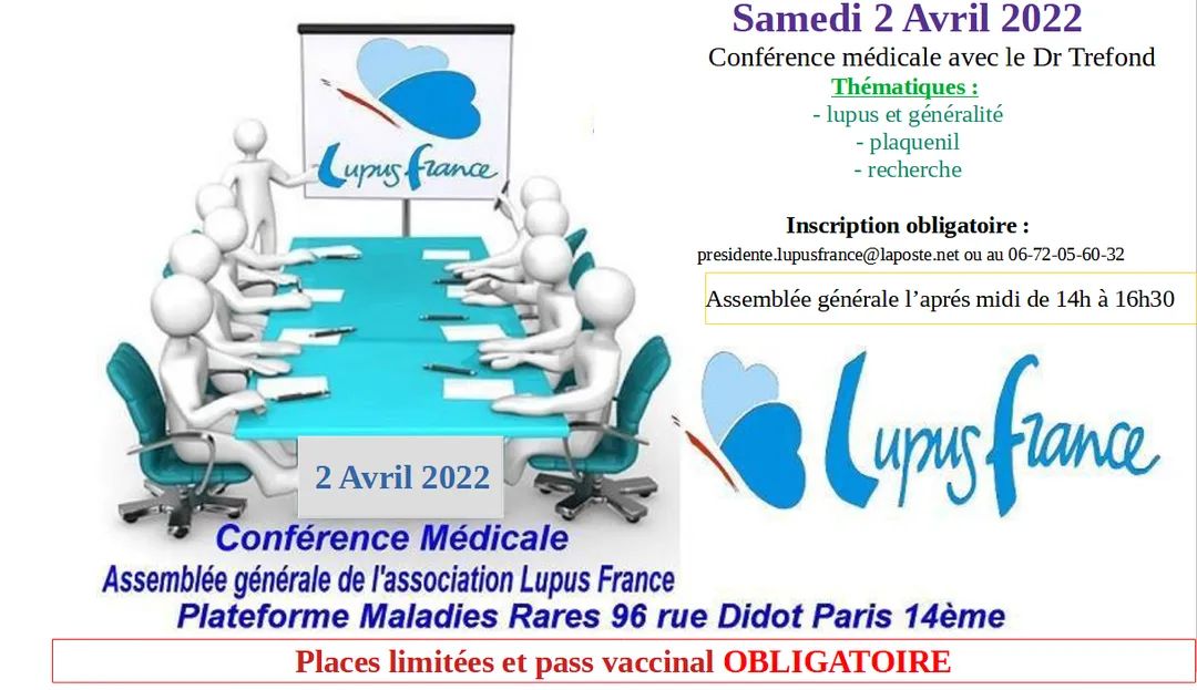 jolupus81's tweet photo. Conférence médicale le Samedi 2 Avril 2022 à Paris 
avec le Dr Trefond de Clermont Ferrand 
inscription obligatoire et places limitées
émail : presidente.lupusfrance@laposte.net 
ou au 06-72-05-60-32 https://t.co/ajVlSzhWGQ
