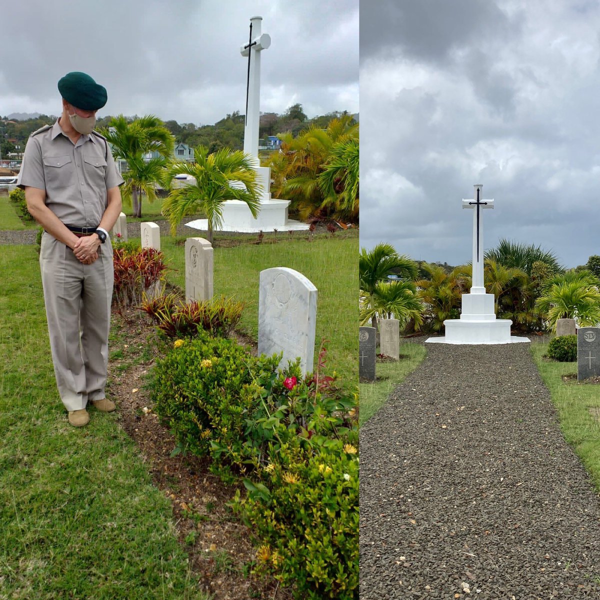 Swestred's tweet photo. With a moment taken to remember the fallen of the World Wars, and of other times who rest together in St Lucia, including Pte William George CLARKE of the #RMLI who passed on 6 Jun 1907. @RMHistSociety #RoyalMarines @CWGC https://t.co/Ck76i5h4gj