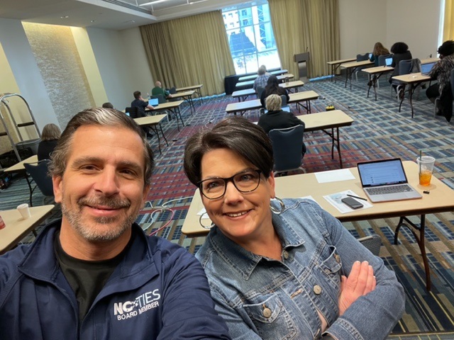 CoSN's tweet photo. Scott and Marlo say, “Watch out TX, here comes NC with a new cohort of CETLs.” #ChallengeSent #CETL #certification @mrhgaddis @ncties https://t.co/tB76bl5VHp