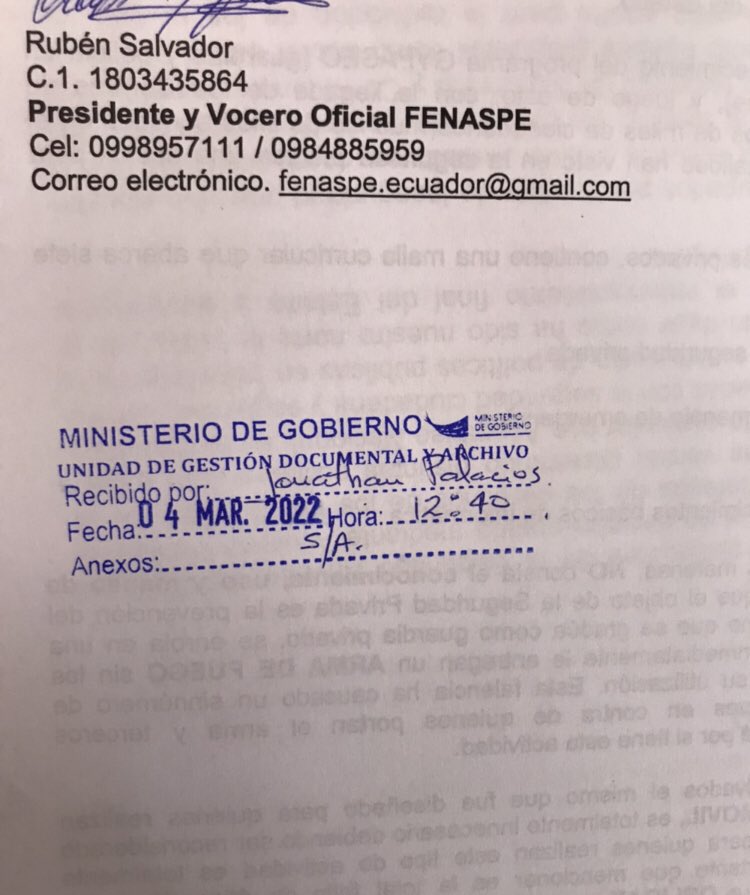 🔴🔴🔴
Coherentes con nuestra posición, formalízamos nuestro pedido al <a href="/MinGobiernoEc/">Ministerio de Gobierno Ecuador</a> ⤵️

📌Retorno de cursos #Presenciales
🚨Propuesta para ARTICULAR  <a href="/PoliciaEcuador/">Policía Ecuador</a> y #SegPrivada
📌Revisión #MallaCurricular  #Nivel1, análisis #Nivel2, regular costos cursos
<a href="/MaxCamposGalle1/">Max Campos Gallegos</a>
