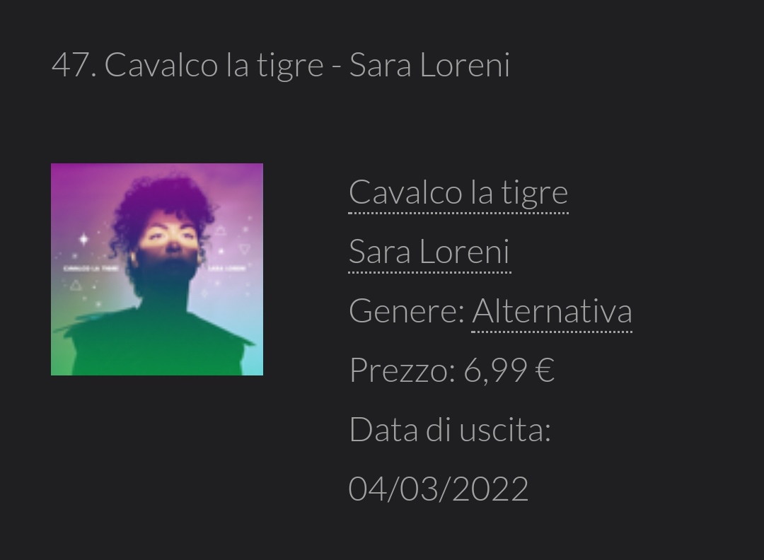 Ma lo sa <a href="/saraloreni/">Sara Loreni</a> che il suo #newalbum CAVALCO LA TIGRE è in top 50 iTunes?

#saraloreni