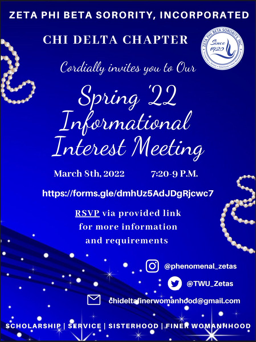 Interested in fulfilling a Finer lifestyle? 👀Becoming the epitome of Zeta Lady? 💙🕊 Join us next Tuesday for a night of Elegance 💫

RSVP Link: 
forms.gle/dmhUz5AdJDgRjc…

<a href="/twugreeklife/">TWU Greek Life</a> <a href="/nphctwu/">TWU NPHC</a> 
#1920 #zetaphibeta #finerwomanhood