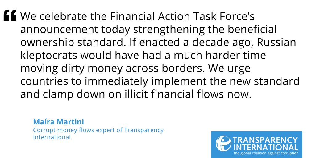 anticorruption's tweet photo. The @FATFNews plenary concluded this week with an update on beneficial ownership standards. 

First reaction from @mairarmartini ⬇️ https://t.co/xCsbKmFw30
