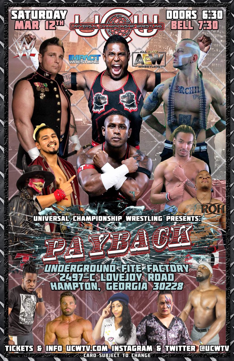 Grab your Tickets @ UCWTV.com See “TNT” @_hughesbrothers sons of WWE Hall of Famer <a href="/TestifyDVon/">D-von Dudley HOF</a> , <a href="/RealRyanRiley/">Ryan Riley</a> <a href="/Chad_Sky_Walker/">Chad Sky Walker</a> <a href="/NCFuture/">Nathan X</a> <a href="/treveraeon/">Trever Æon</a> <a href="/Takuri_Lucha/">TAKURI</a> @TheSsupreme <a href="/DaOneSpiral/">Saba S.P.I  Agicic</a> <a href="/ericthunder1987/">ERIC THUNDER</a> <a href="/Micahtaylor01/">Micah Taylor</a> 
Plus Another Big Surprise Star &amp; more