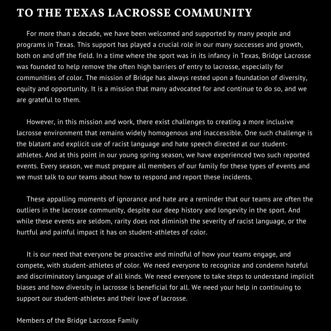bridgelacrosse's tweet photo. To The Texas Lacrosse Community. 
(https://t.co/RZvvM8Bt3O) https://t.co/25kDVhuej4