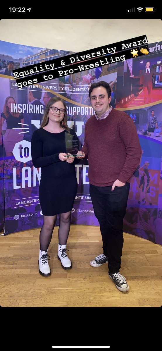 LucySimons_'s tweet photo. Tonight the Lancaster Pro Wrestling Society won the Equality and Diversity award at the @LancasterSU Societies Awards. I am so honoured and proud of our little society for creating a safe space for everyone who loves wrestling to come together no matter their background ❤️ https://t.co/6TwXKN90Vg