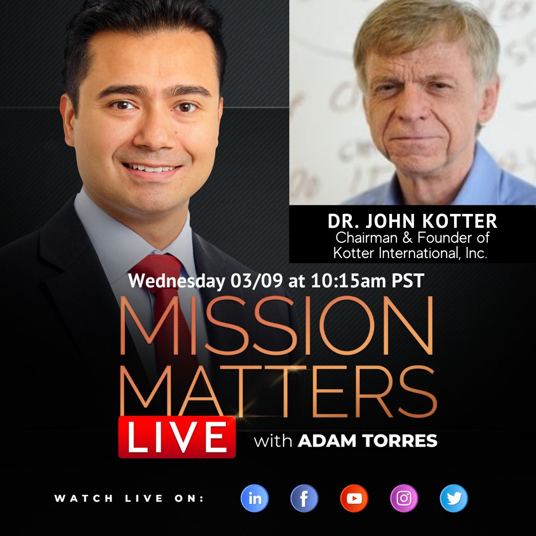 Join Dr. John Kotter and Adam Torres for a LIVE Interview on Wednesday 03/09 at 10:15am, where they will discuss "Change: How Organizations..-"

Live: bit.ly/3vVmVTZ
YouTube: bit.ly/3wu86Wq
Facebook: bit.ly/3wtYBXs
LinkedIn: bit.ly/3H8tgOY