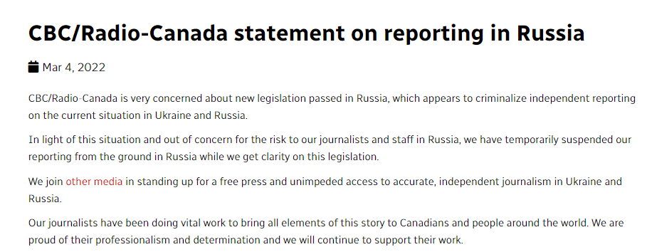 CBCAlerts's tweet photo. CBC is temporarily suspending reporting from the ground in Russia while awaiting clarity on new Russian legislation which appears to criminalize independent reporting on the current situation in Ukraine and Russia. Previous story for context: https://t.co/VS0yl9KvOS https://t.co/mIa96KW4nD