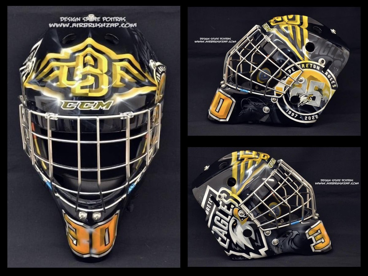 CBE_Store's tweet image. Rémi Delafontaine was lights out last night in goal for the Eagles! In case you didn't notice, it was the home ice debut of his new mask designed by Sylvie Poitras!