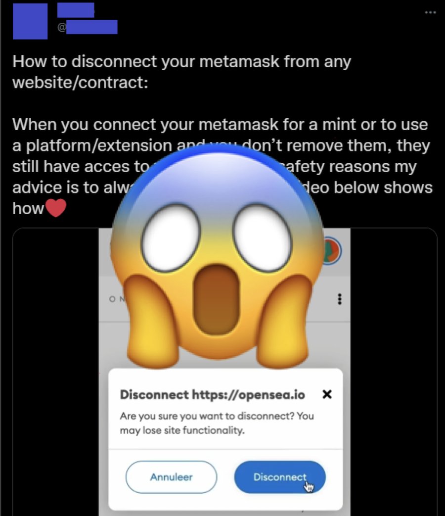 MetaMask's tweet image. Hey all, we have a VERY important PSA to help keep your assets safe 👩‍🏫

⚠️ Disconnecting MetaMask from a dapp does NOT ensure your tokens are always safe! ⚠️

When ppl say 𝗿𝗲𝘃𝗼𝗸𝗲, they mean at smart contract level. Disconnecting from dapps doesn&apos;t include contracts. 

1/ 🧵