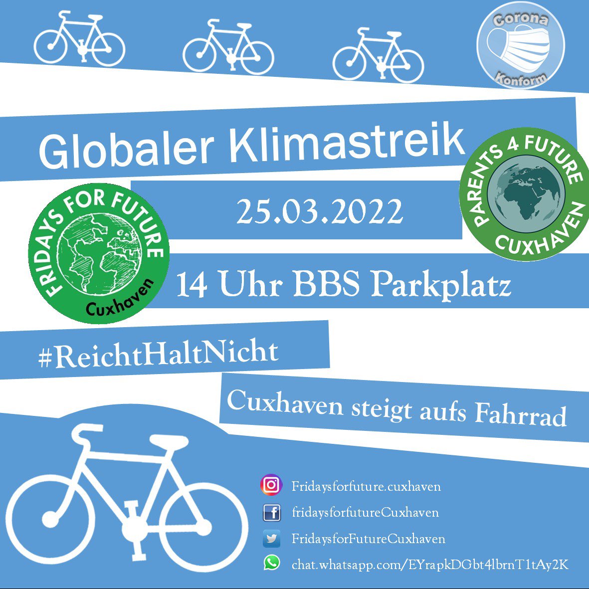Moin Cuxhaven!🌍
Am 25. März möchten wir mit euch aufs Fahrrad steigen. Wir rufen zum nächsten #globalenklimastreik auf, denn #reichthaltnicht ! Also holt eure Räder raus und macht sie fit💛 14 Uhr BBS Parkplatz