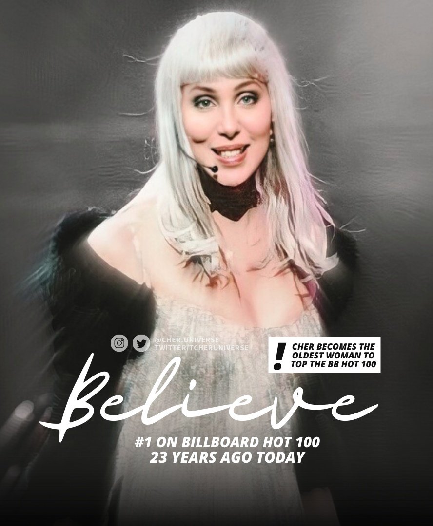 TCherUniverse's tweet photo. This week in 1999, "Believe" topped the Hot 100, spending 4 weeks atop the chart. The single became the best-selling song of 1999 in the US &amp; worldwide.

 — @Cher became the oldest female artist to hit #1, she's also the oldest artist to top the Hot 100 year-end chart https://t.co/pZjPpeQeFv