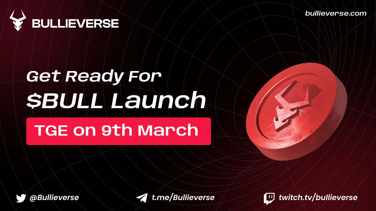 Bullieverse's tweet image. BLOCKBUSTER ANNOUNCEMENT!

🚀 𝟗𝐭𝐡 𝐌𝐚𝐫𝐜𝐡 𝟐𝟎𝟐𝟐 🚀

🎉 $BULL token TGE and Premier Listing!! 🎉

Bulls are coming to The Bulliever Island to claim their $BULL

Play &amp;amp; Earn, Create &amp;amp; Immerse in #Bullieverse - "The Open #Metaverse"

#P2E #NFTGame #TGE