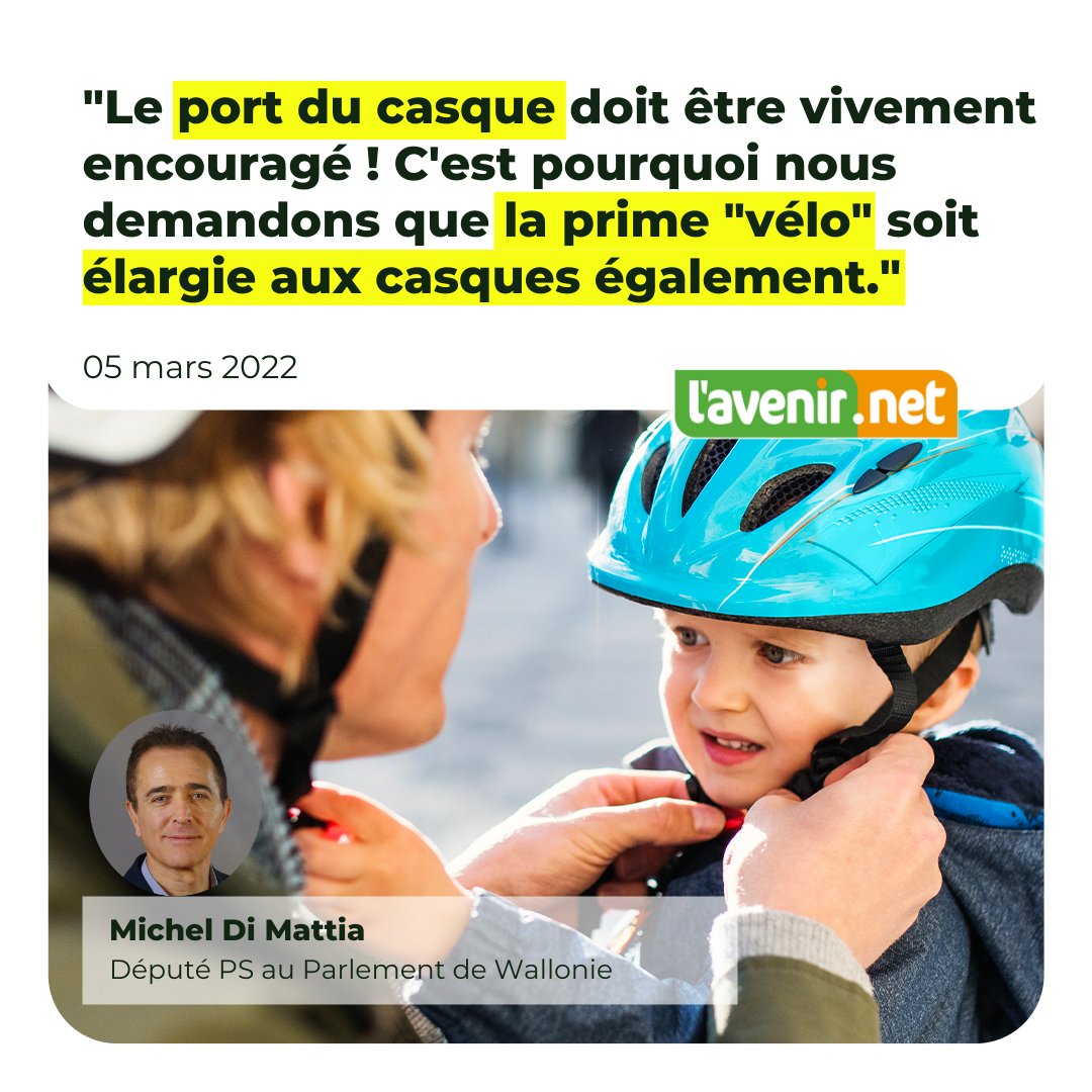 Les accidents de la route impliquant des usagers faible st de + en + nombreux. <a href="/MichelDiMattia/">Michel Di Mattia</a>  demande 1 aide à l’achat de casque vélo (via la prime "vélo"). Art. à lire dans <a href="/lavenir_net/">lavenir.net</a> #SafetyFirst #jamaissansmoncasque