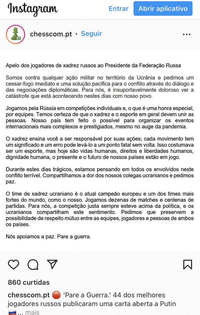 Kollber's tweet photo. @FernandoHortaOf @madeleinelacsko @Kasparov63 Vou lhe dar outra, veja a carta assinada pela grande maioria de enxadristas russos, á excessao de Karpov e Karjakin que sao vendidos. Este ultimo inclusive nascido na Ucrania. https://t.co/4jF4gWhYgr