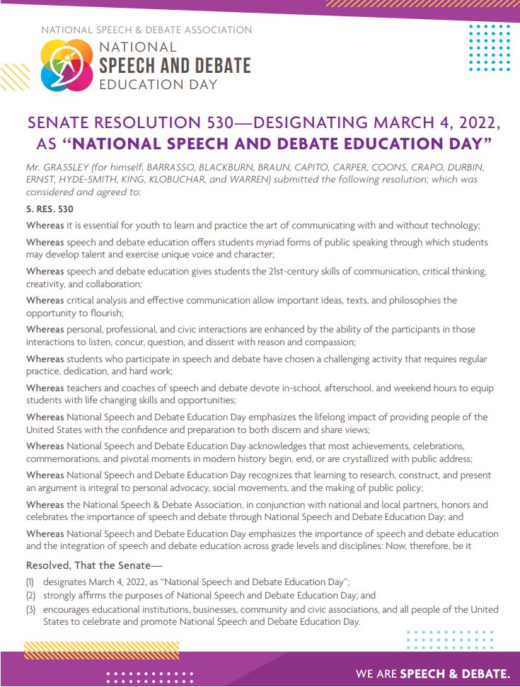 speechanddebate's tweet photo. We are thrilled to announce that Congress has once again recognized today as National Speech and Debate Education Day! A special thank you to the sponsor, Senator Chuck Grassley, and the other co-sponsors for making this happen!https://t.co/Eg952D6t3y https://t.co/pUMzzj2Cib