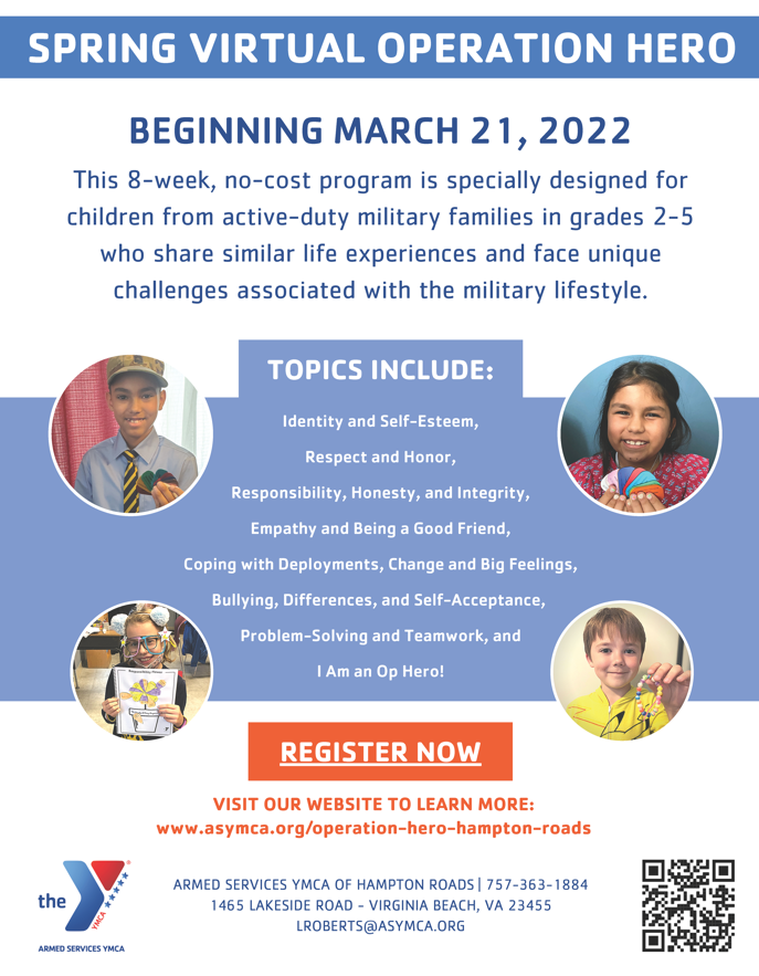 asymcahr's tweet photo. We know everyone needs some social-emotional support, and the Armed Services YMCA has a program specifically designed to meet the needs of our military students in grades 2-5.
REGISTER TODAY!
https://t.co/OCNZMPXxCm
#ophero #operationhero #virtual https://t.co/eJgYkJUGz1