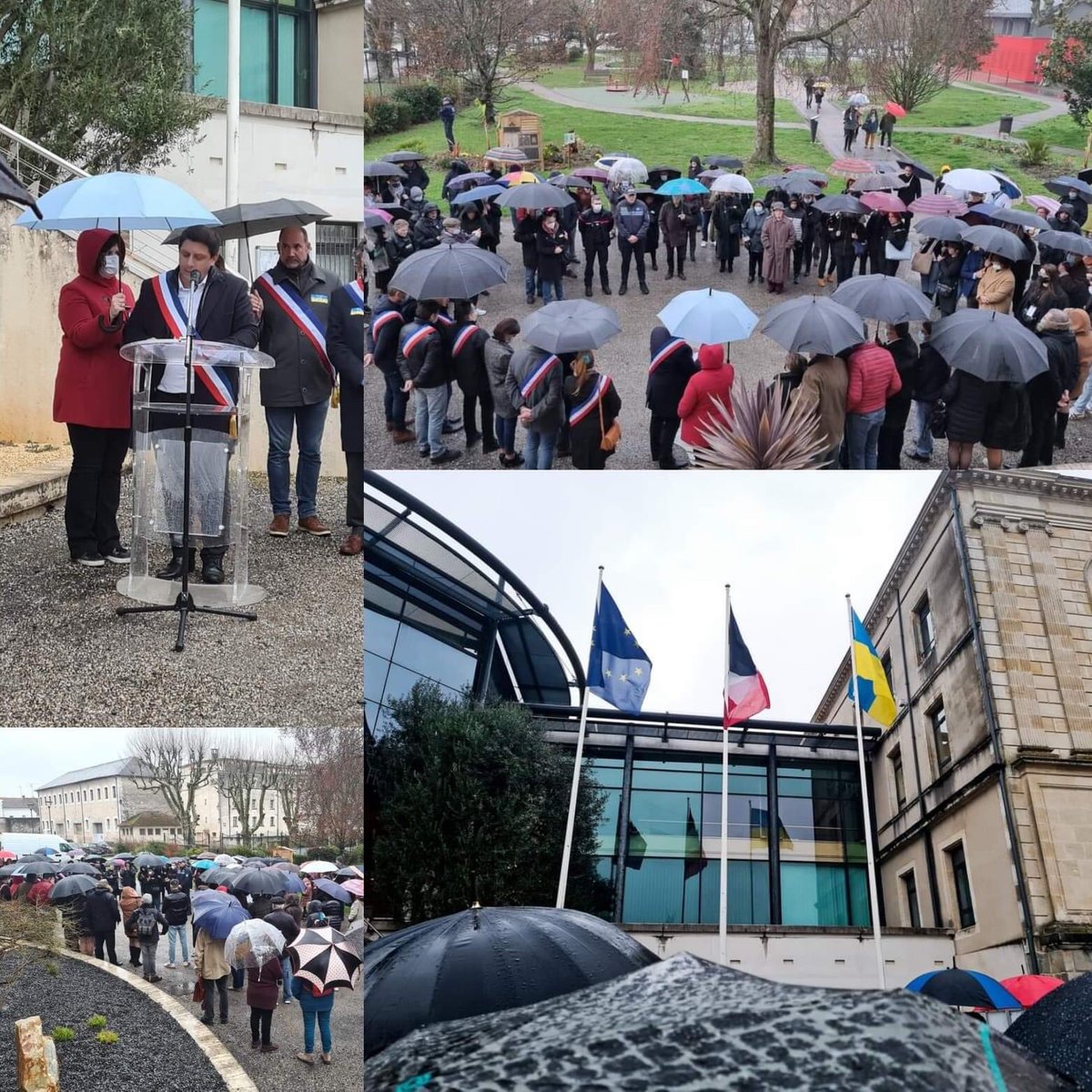 Merci aux villeneuvois et aux élus de l'Agglomération pour la belle mobilisation ce soir pour le peuple ukrainien.
Le drapeau bleu et jaune a été hissé aux côtés du drapeau français et européen. 
Ensuite, l'hymne ukrainien a résonné au cœur de notre Bastide.
Un moment émouvant…