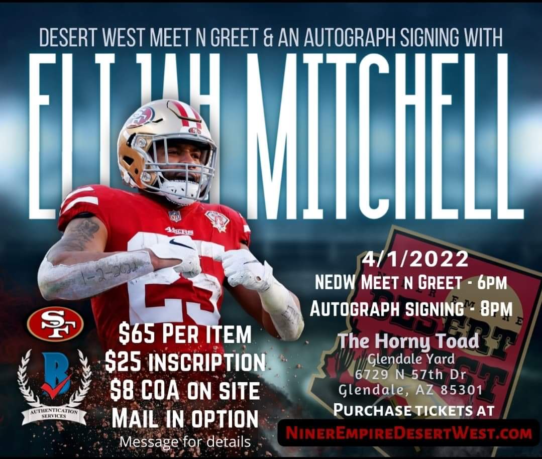 NEDW49's tweet photo. Who is ready to meet another current member of the @49ers 👀

All time 49ers Rookie Rushing Yards Leader, @EliMitch15, will be signing autographs at the Desert West Meet and Greet at 8 PM on Friday April 1st! 🔥💪
#NEDW #NinerEmpire #DesertWest https://t.co/HldqSYdEkV