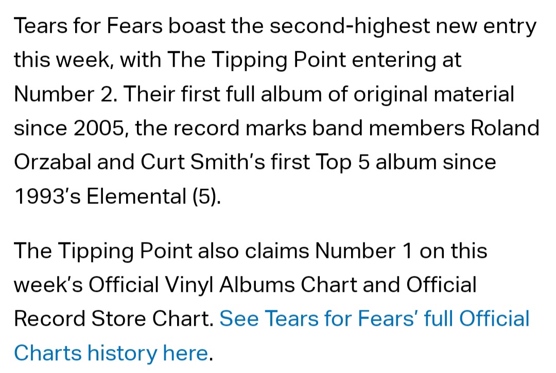 This is from Official Charts UK. This explains the chart placement. @tearsforfears #thetippingpoint