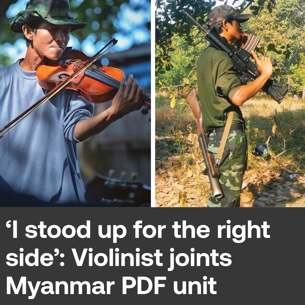 RadioFreeAsia's tweet photo. “I understood politics as a child, so I stood up for the right side and I participated in the protests.” 

Aung Thwe, a musician and a violinist in Myanmar, left his life as an artist to join the armed resistance movement against the country’s now-ruling military https://t.co/cnOj7x9ANr