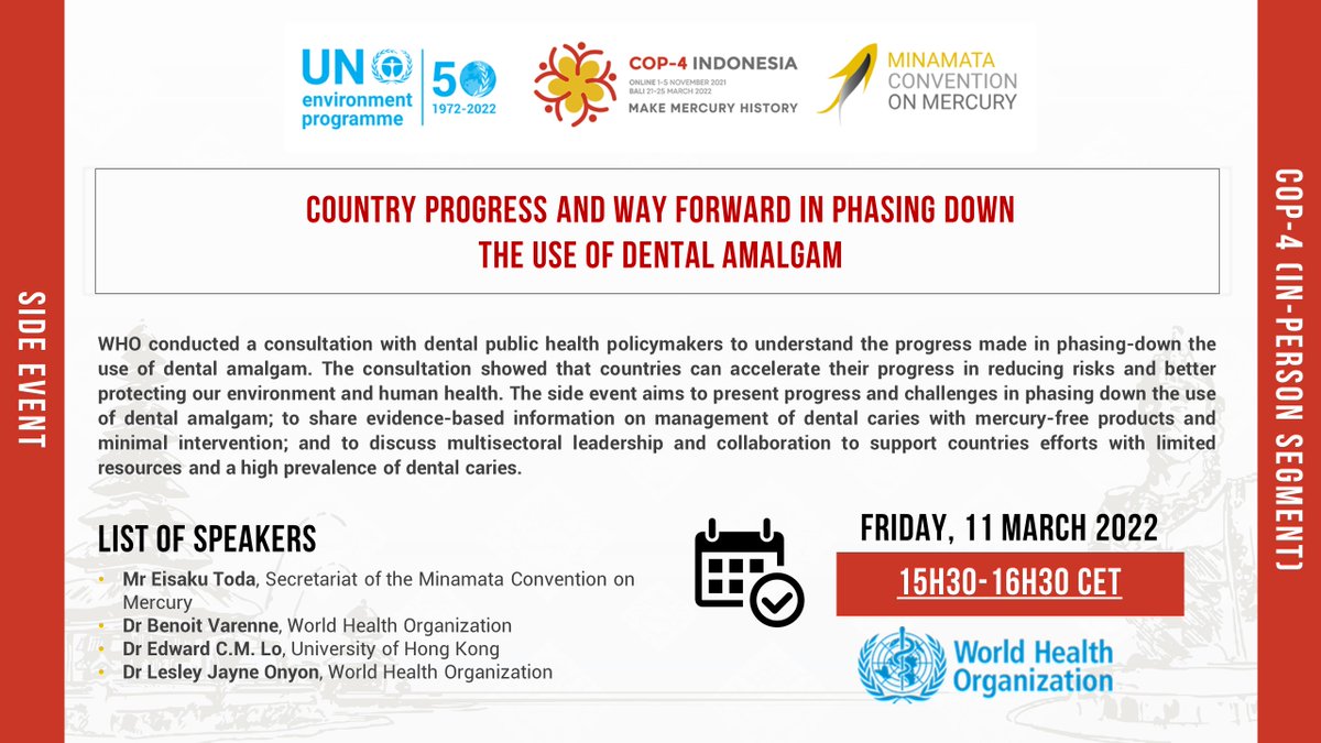 Pre-COP4.2 Side Event: Country progress and way forward in phasing down the use of dental amalgam. @minamataMEA #MakeMercuryHistory