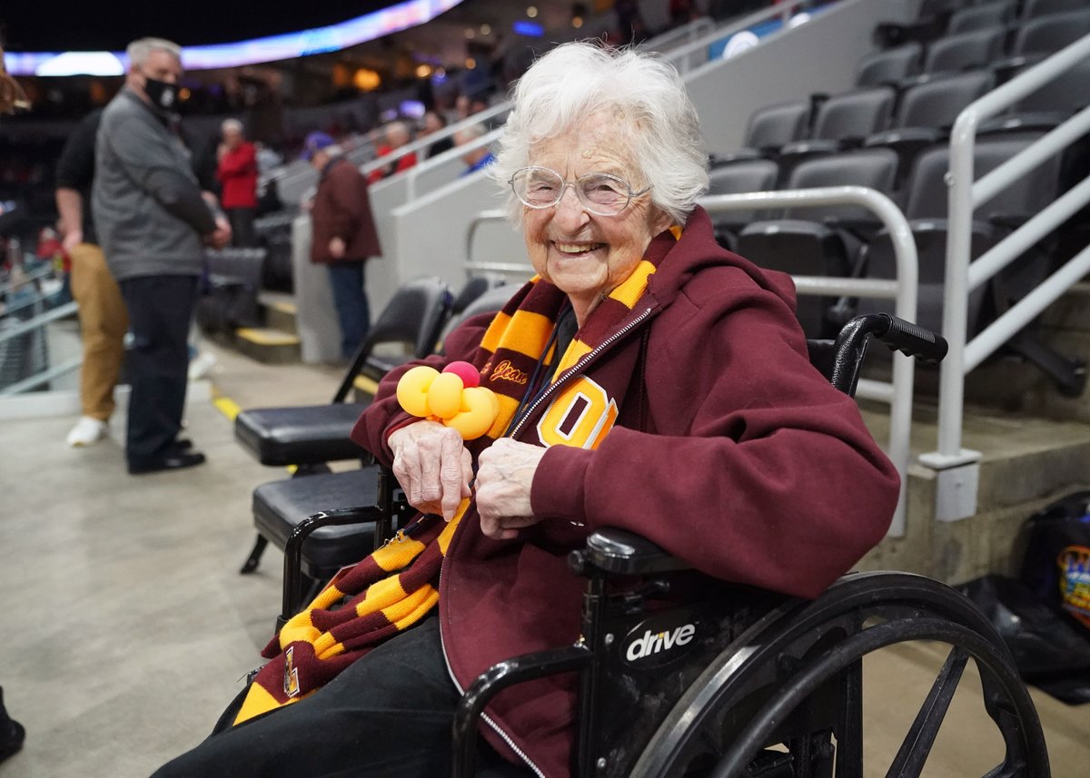 Sister Jean, the 102-year-old chaplain for the Loyola Ramblers men's basketball team of Loyola University waits for the start of the Missouri Valley Conference Basketball Tournament against the Bradley Braves at the Enterprise Center in St. Louis on Friday, March 4, 2022.