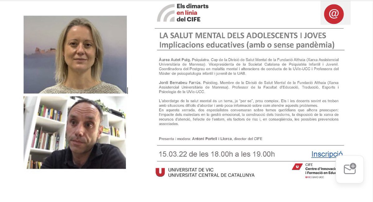uvic_cife's tweet photo. Ets docent d’adolescents i joves? Què en saps de la seva salut mental? Coneixes els senyals que ens han de posar en alerta, com acompanyar-los, com escoltar-los … En parlarem per videoconferència el dimarts 15 de març a les 6 de la tarda.
@jordibernabeu 

https://t.co/XH7dwovIj3 https://t.co/pLgMm6YJAu