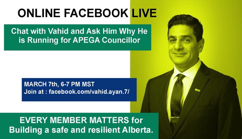 VAHIDAYAN's tweet photo. I will go live on Facebook Monday March 7th, 6-7pm MST to answer your questions on the "future of engineering and geoscience" from my own point of view. You are more than welcome to ask me why I'm running for the APEGA Council.
@APEGA_AB #APEGAElection https://t.co/lClTLr1g4C