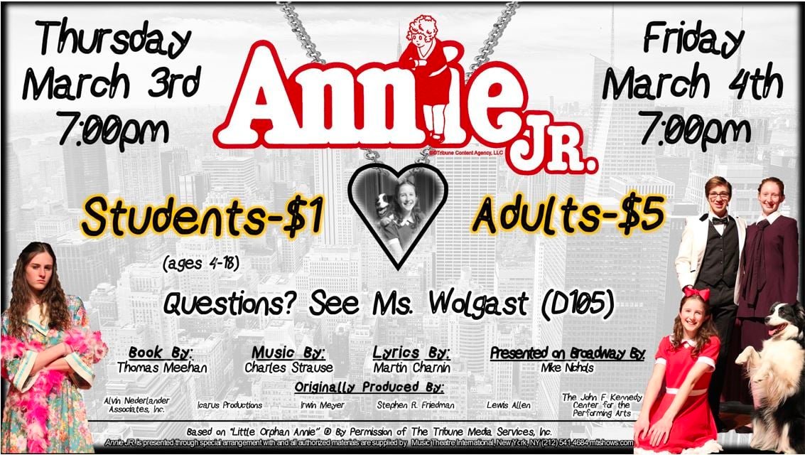 MhkToday's tweet photo. Anthony Middle School's final night of their production of 'Annie Jr.' is tonight at 7, &amp; Eisenhower Middle's two-night run of their production of 'Into the Woods Jr.' begins Monday.

INVITE a friend &amp; enjoy!

For more Manhappenings, visit https://t.co/cjHjIZ6WUQ!
#WeAreWeavers https://t.co/F3M2HlQdzd