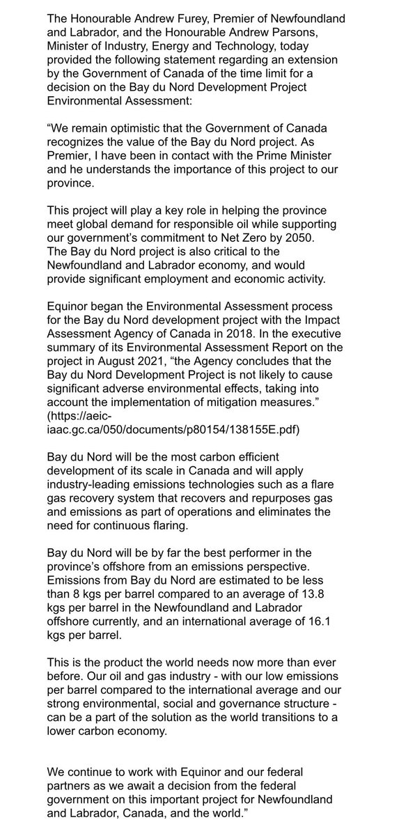 We have the product the world needs now more than ever before. Bay du Nord is a valuable project that will play a key role in helping our province meet global demand for responsible oil while reaching Net Zero by 2050.

We continue to work with Equinor and our federal partners.
