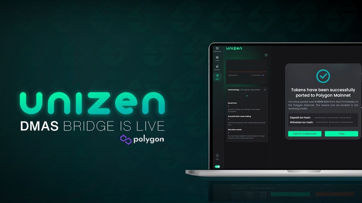 unizen_io's tweet photo. Unizen Bridge is Live on Polygon $ZCX https://t.co/16JqZhSAma