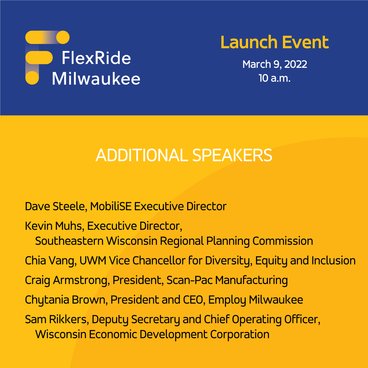 FlexRideMKE's tweet photo. Launch event speakers announced! We are excited to have a group of leaders speaking at our formal launch event next week. Please visit the Facebook event page and join the livestream! 
https://t.co/FnZLsKF3g0 https://t.co/XFISNNnUVk
