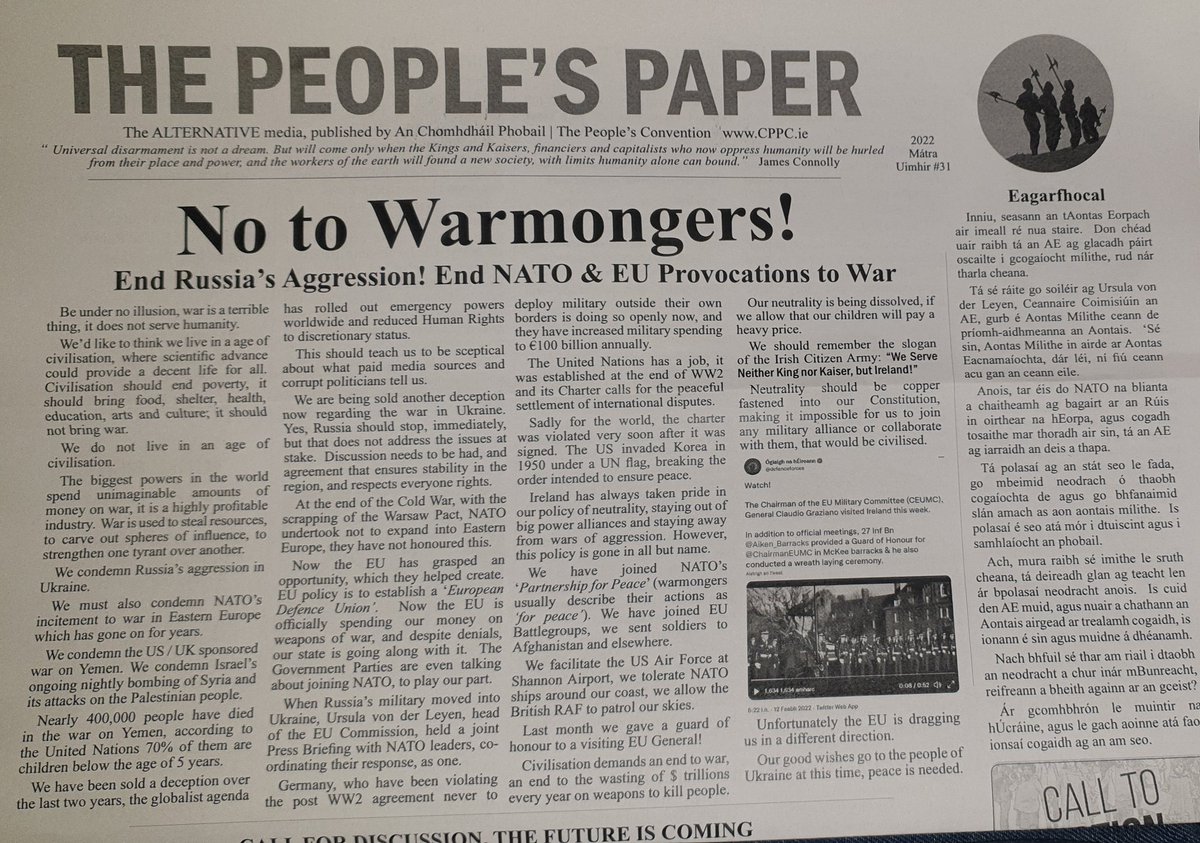THE PEOPLE'S PAPER (@cppc_ie) on Twitter photo Issue #31 of THE PEOPLE'S PAPER is out, it will be available at the Rally for TRUTH & Civil Rights in Cork tomorrow.
Lead article condemns all warmongers!
If anyone wants to copies of the paper to distribute to friends please DM us here or contact the editor <a href="/GraTire/">Diarmaid Ă“ CADHLA</a> Issue #31 of THE PEOPLE'S PAPER is out, it will be available at the Rally for TRUTH & Civil Rights in Cork tomorrow.
Lead article condemns all warmongers!
If anyone wants to copies of the paper to distribute to friends please DM us here or contact the editor <a href="/GraTire/">Diarmaid Ă“ CADHLA</a>