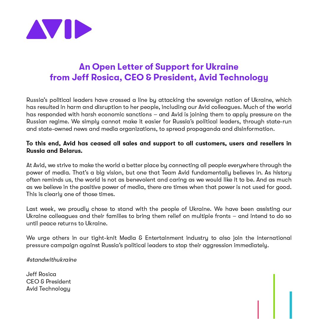 I hope you will read and share my open letter on behalf of #TeamAvid to support Ukraine and her people, and our decision to stop all sales and support of customers and users in Russia and Belarus.  
#standwithukraine #avid #ukraine 
avid.com/press-center/a…