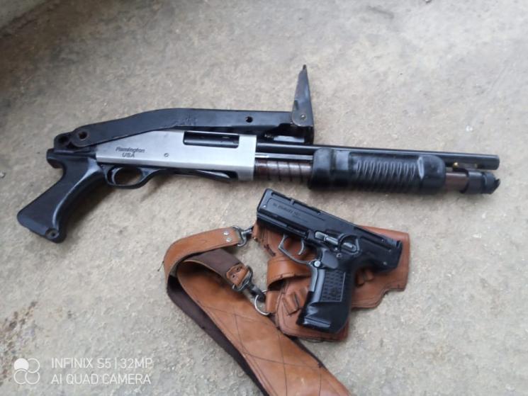 Some Turkish made small arms for sale in Iraq/Syria. It's an unknown make of Shotgun but is modeled heavily on a Remington 870 Police. Pistol is a Zoraki 925 blank firing gun, commonly converted to fire live ammo in the region.