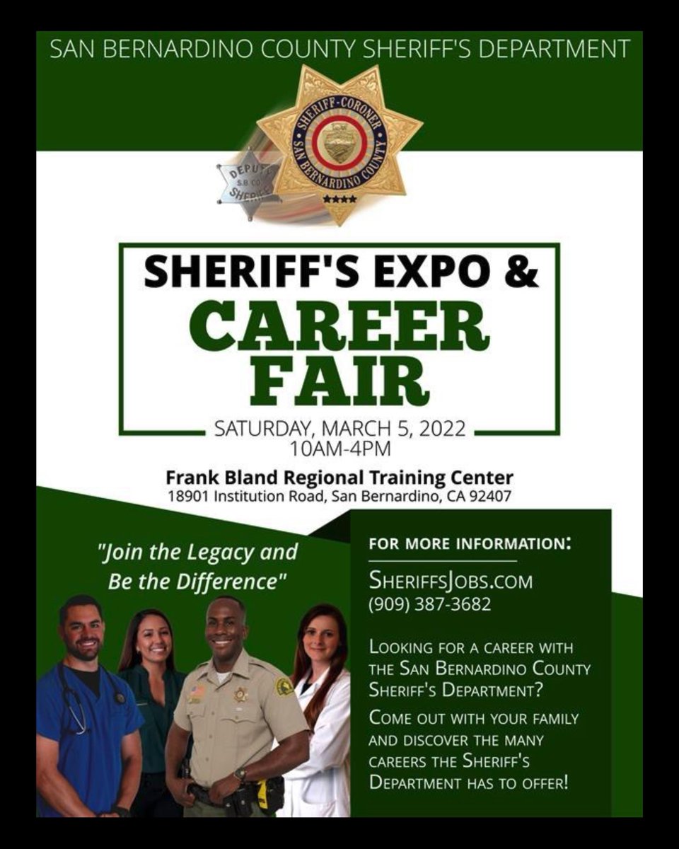 SBSheriffsJobs's tweet photo. **TOMORROW, RAIN OR SHINE**
Join us Sat. March 5th for a Sheriff’s #Expo &amp; Career Fair. Apply on-site, enjoy static displays, demos &amp; learn about #careers for sworn &amp; civilian positions. Physical agility tests will be available for #DeputySheriff Trainee applicants #JoinTheLegacy https://t.co/sOrv1IzXaE
