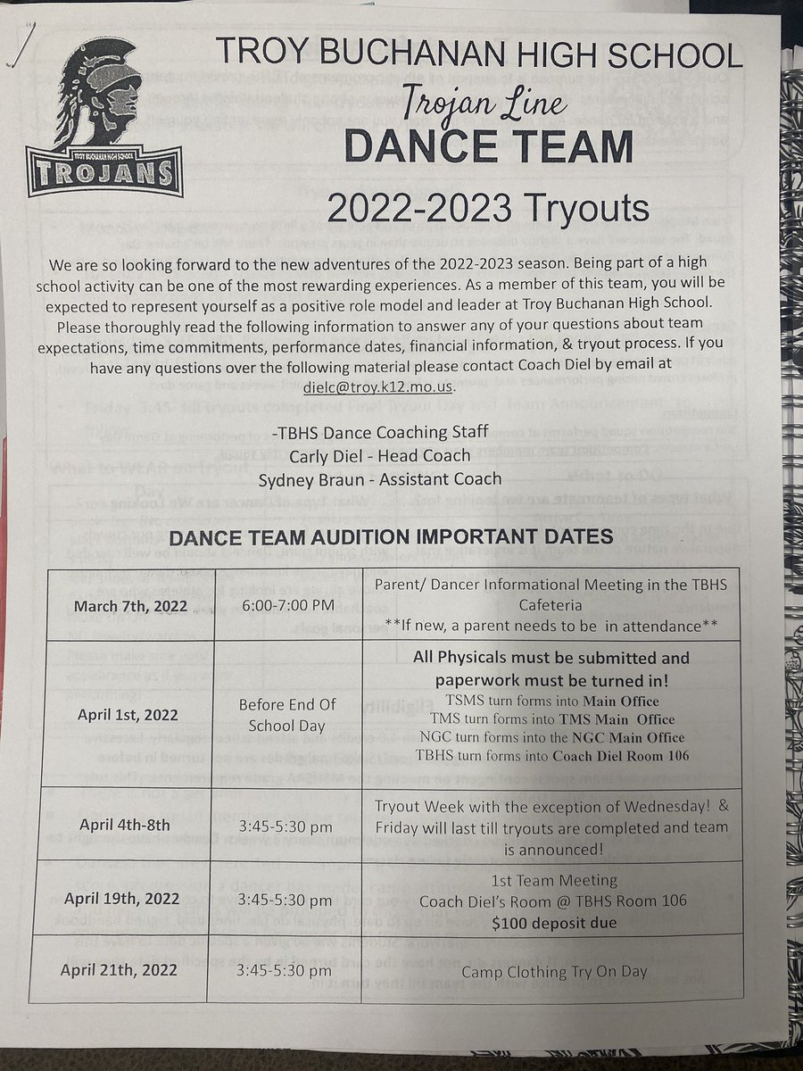 Any <a href="/TroySouthMiddle/">Troy South Middle</a> 8th grader who wasn’t able meet with the varsity cheer or dance coach today, please stop by the athletic office to pick up information packets.  #TroySouth #proud2br3 #TitanStrong #TitanPride #TitanAthletics #FutureTrojans