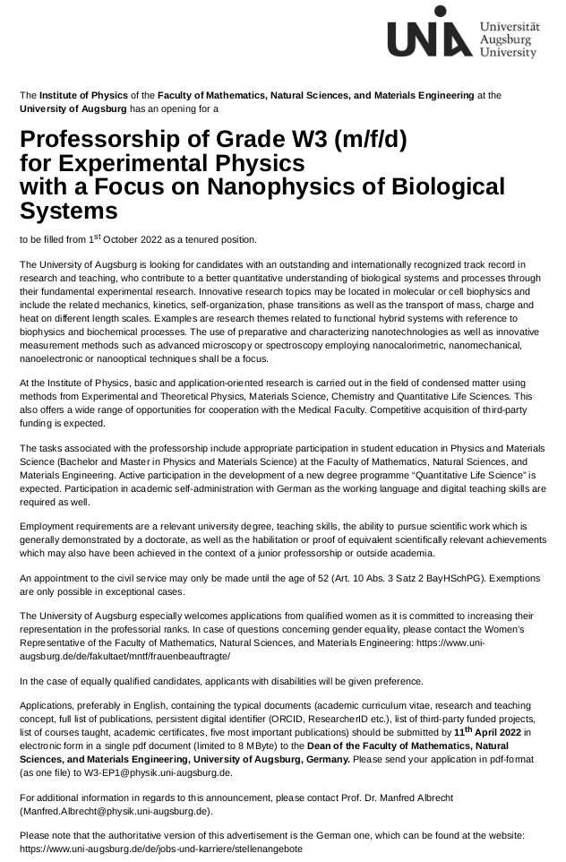 DynamicsLiving's tweet image. Please RT. #CollectiveDynamics
Professorship of Grade W3 (m/f/d) for Experimental Physics with a Focus on Nanophysics of Biological Systems @uni__augsburg 

uni-augsburg.de/en/jobs-und-ka…